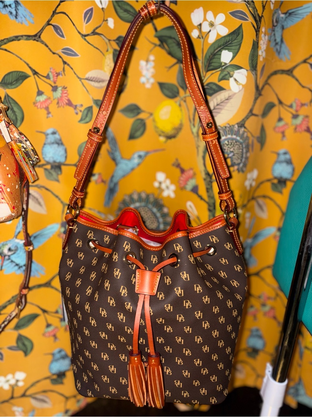 New Dooney and Bourke Monogram Drawstring Bucket Bag in Brown & Tan